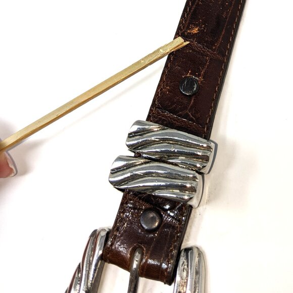 Vintage 90s Hartnell Belt Brown Alligator Grain Calfskin Leather Silver Buckle - Picture 13 of 13
